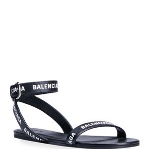 Balenciaga logo flat ankle strap sandal. Black / white. Size 37.5